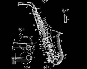 Puede incluir: Dibujo de línea en blanco y negro de una patente de saxofón, que muestra el diseño del instrumento y varias partes etiquetadas con números. La patente se titula "Saxofón" y fue presentada el 29 de septiembre de 1945 por E.J. Gillespie.