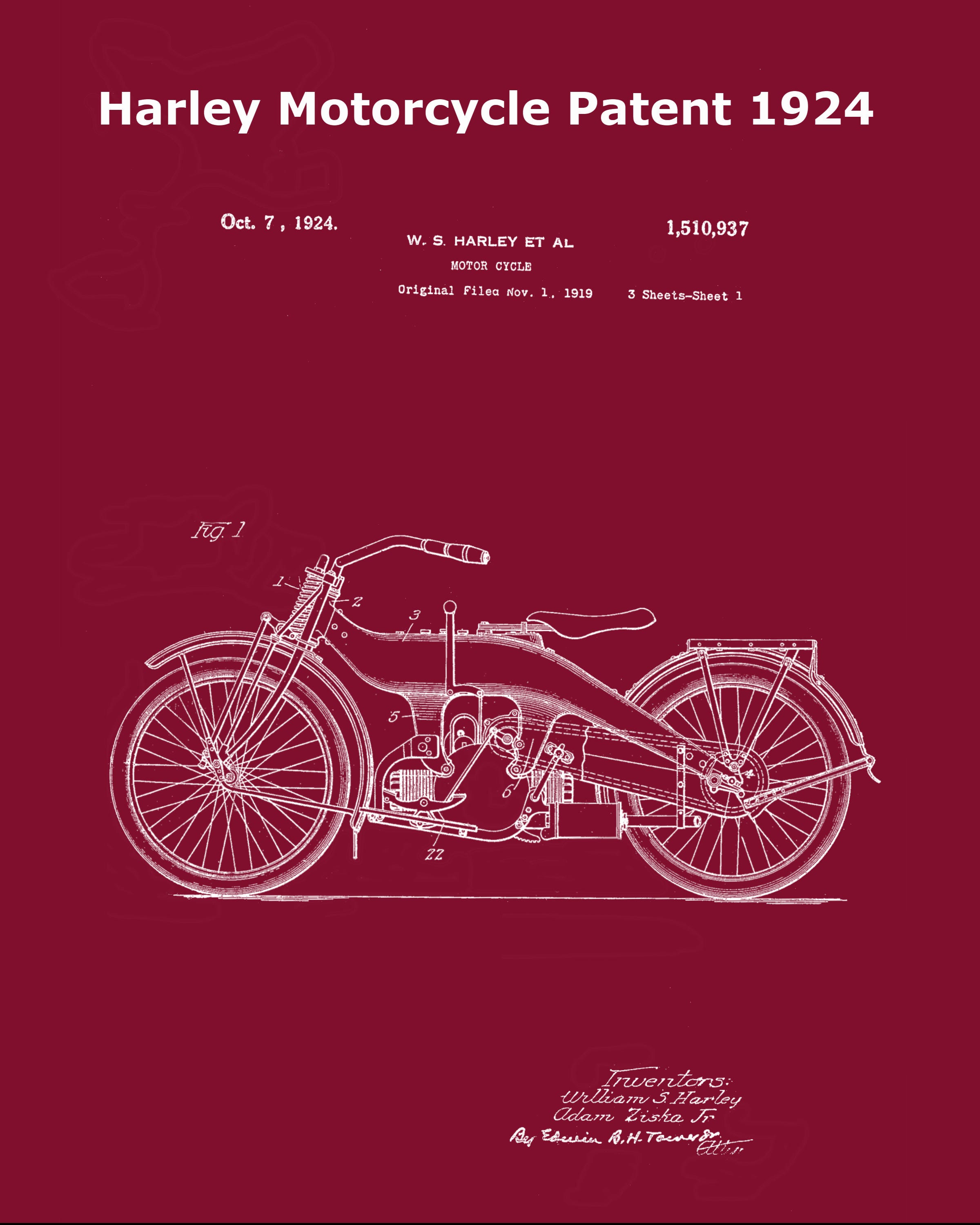 Harley Motorcycle Patent Print 1924-harley Davidson Print-gift for Him ...
