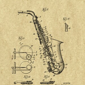 May include: A black and white line drawing of a saxophone patent. The patent is titled "Saxophone" and is filed by E.J. Gillespie. The patent number is 2,474,836. The patent was filed on September 29, 1945 and was granted on July 5, 1949.