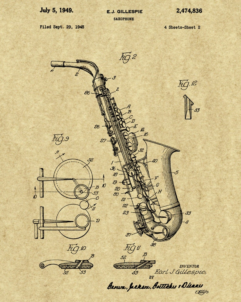 May include: A black and white line drawing of a saxophone patent. The patent is titled "Saxophone" and is filed by E.J. Gillespie. The patent number is 2,474,836. The patent was filed on September 29, 1945 and was granted on July 5, 1949.
