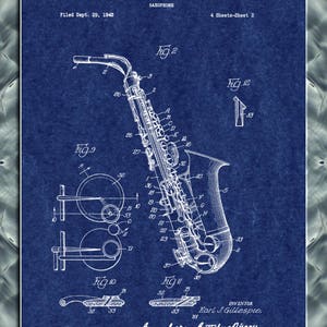May include: A blue and white patent drawing of a saxophone. The drawing shows the saxophone in detail, including the keys, the body, and the mouthpiece. The patent number is 2,474,836 and the inventor is Earl J. Gillespie. The patent was filed on September 29, 1945 and granted on July 5, 1949.