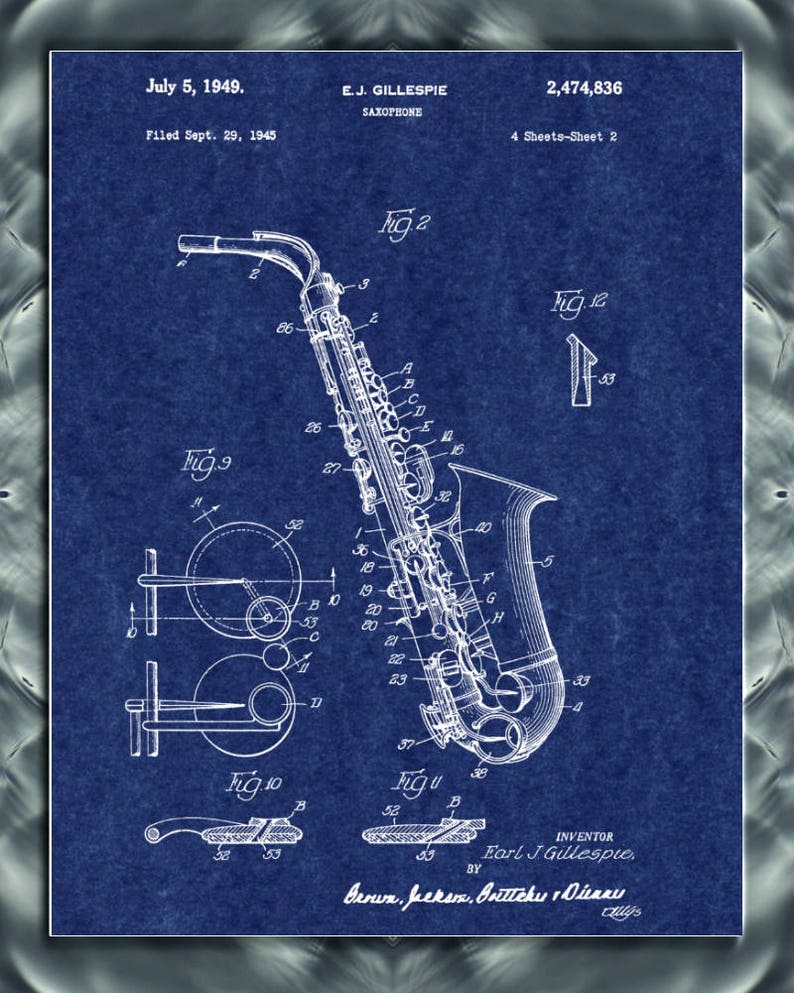 May include: A blue and white patent drawing of a saxophone. The drawing shows the saxophone in detail, including the keys, the body, and the mouthpiece. The patent number is 2,474,836 and the inventor is Earl J. Gillespie. The patent was filed on September 29, 1945 and granted on July 5, 1949.