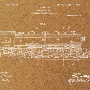 Locomotive Engine Patent Print 1907-Train Enthusiast-Train Gifts-Vintage Train Print-Vintage Train Art-Locomotive Print-Gift For Him