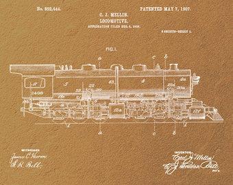 Locomotive Engine Patent Print 1907-Train Enthusiast-Train Gifts-Vintage Train Print-Vintage Train Art-Locomotive Print-Gift For Him