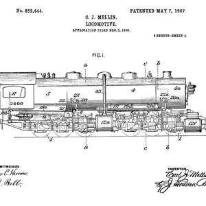 Locomotive Engine Patent Print 1907-Train Enthusiast-Train Gifts-Vintage Train Print-Vintage Train Art-Locomotive Print-Gift For Him