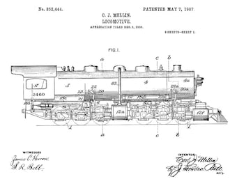 Locomotive Engine Patent Print 1907-Train Enthusiast-Train Gifts-Vintage Train Print-Vintage Train Art-Locomotive Print-Gift For Him