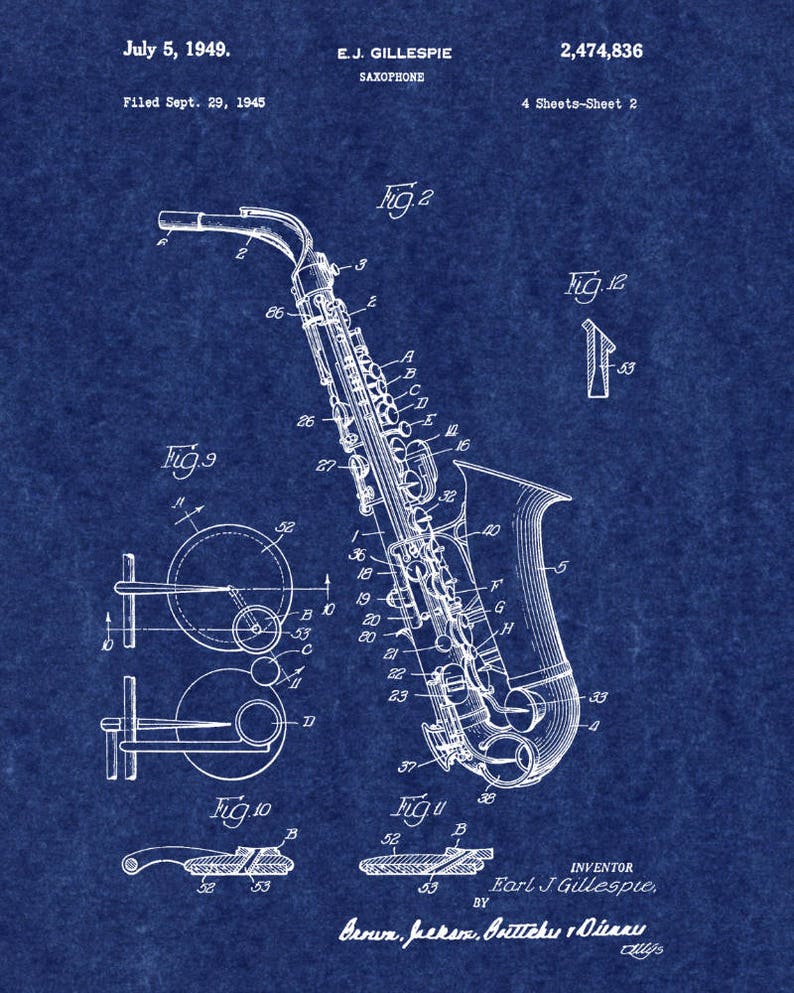 May include: A blueprint of a saxophone patent, showing a detailed diagram of the instrument's design. The patent is titled "Saxophone" and was filed on September 29, 1945, by E.J. Gillespie. The patent number is 2,474,836.