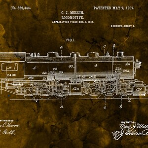 Locomotive Engine Patent Print 1907-Train Enthusiast-Train Gifts-Vintage Train Print-Vintage Train Art-Locomotive Print-Gift For Him