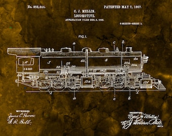 Locomotive Engine Patent Print 1907-Train Enthusiast-Train Gifts-Vintage Train Print-Vintage Train Art-Locomotive Print-Gift For Him
