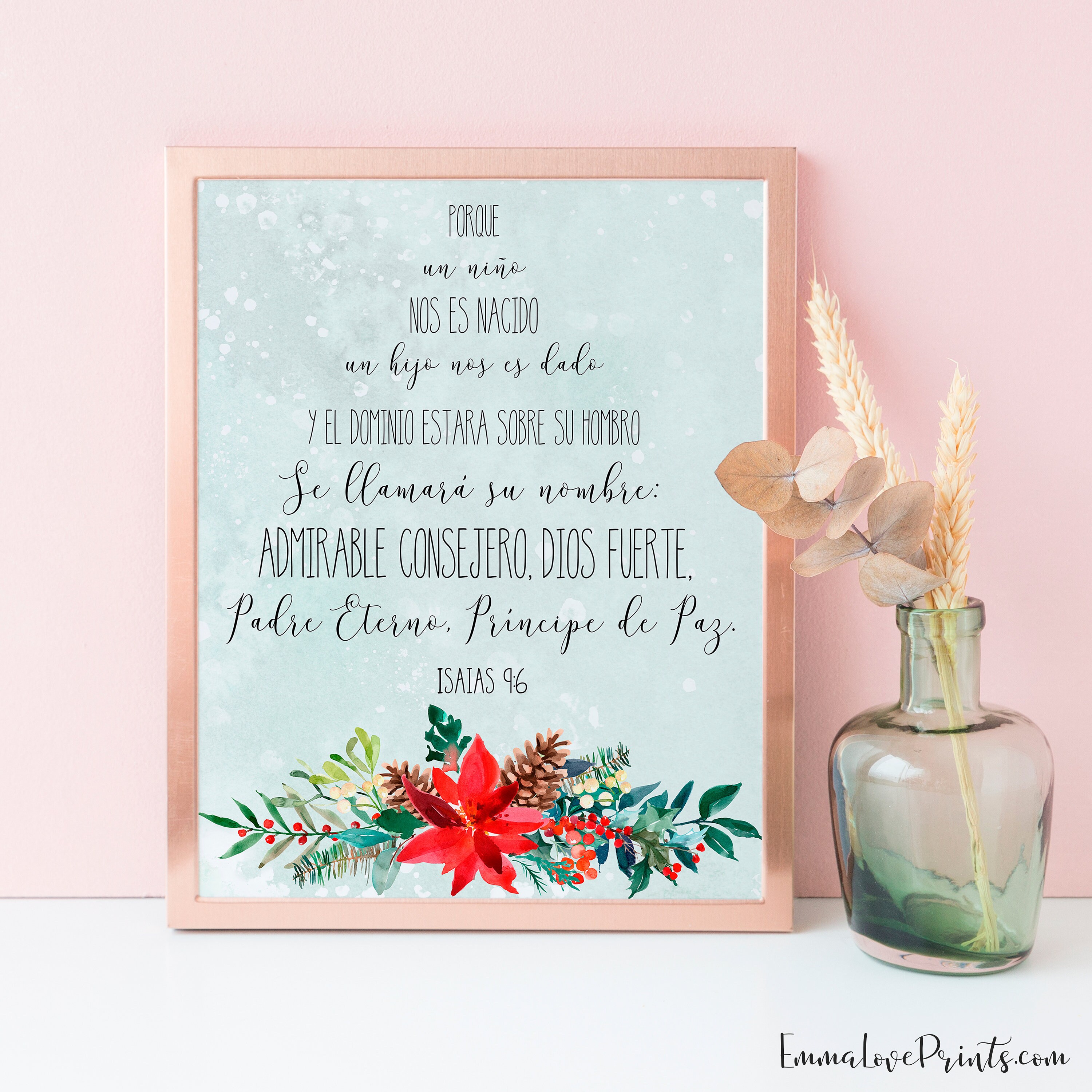 Spanish Prints, For unto us a child is born, Isaiah 9 6, Bible Verse Prints, christmas tree print