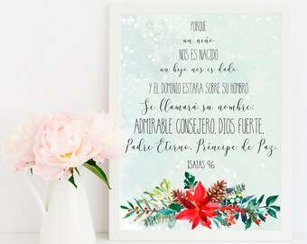 Spanish Prints, For unto us a child is born, Isaiah 9 6, Bible Verse Prints, christmas tree print