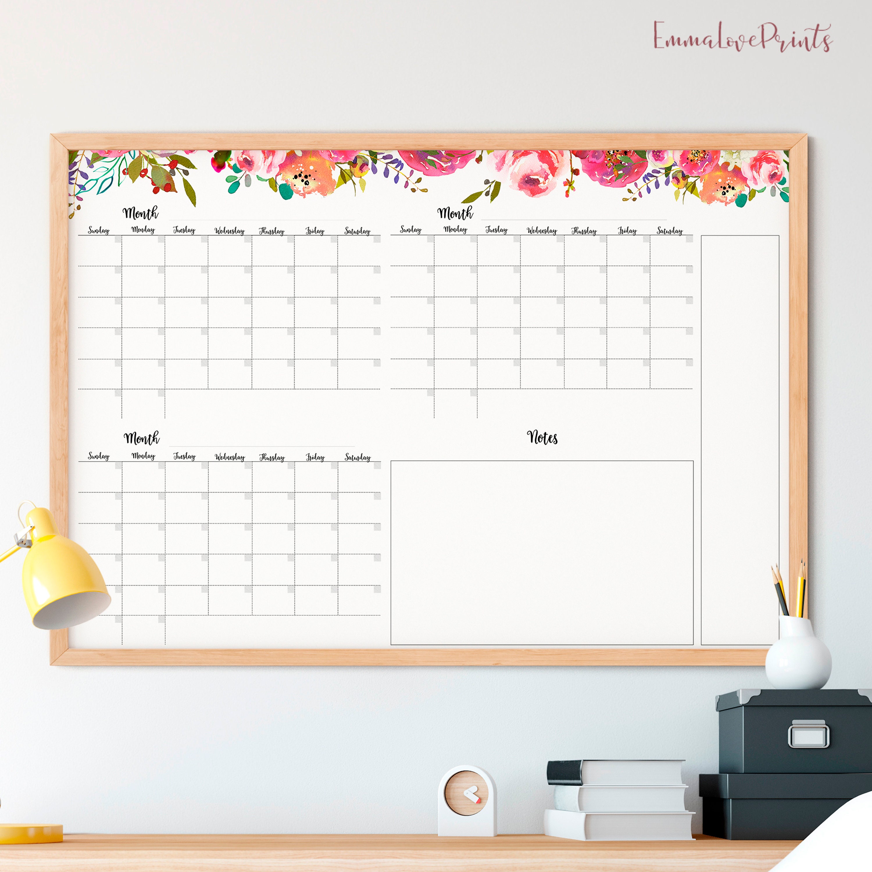 Large Wall Calendar 36 X 24 Undated Floral Calendar Printable 