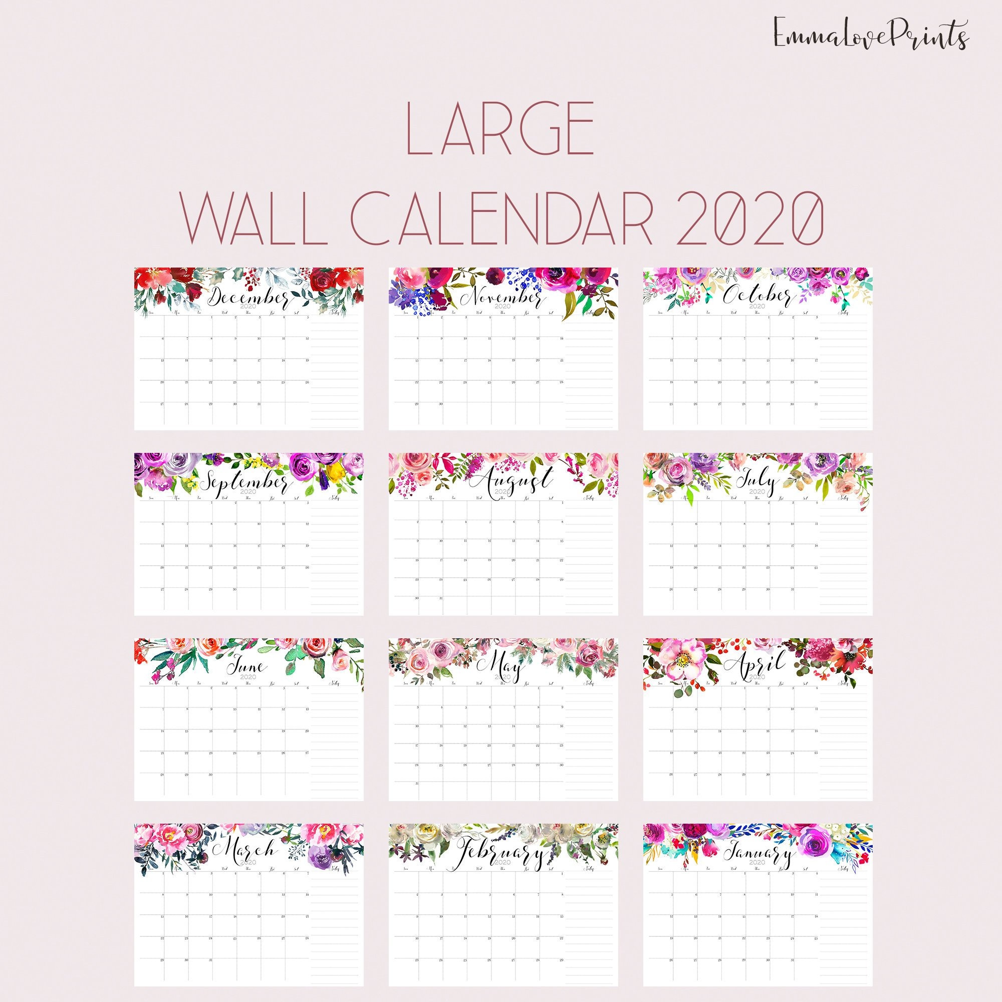 Wall Calendar 2020 Watercolor Calendar A3 Calendar