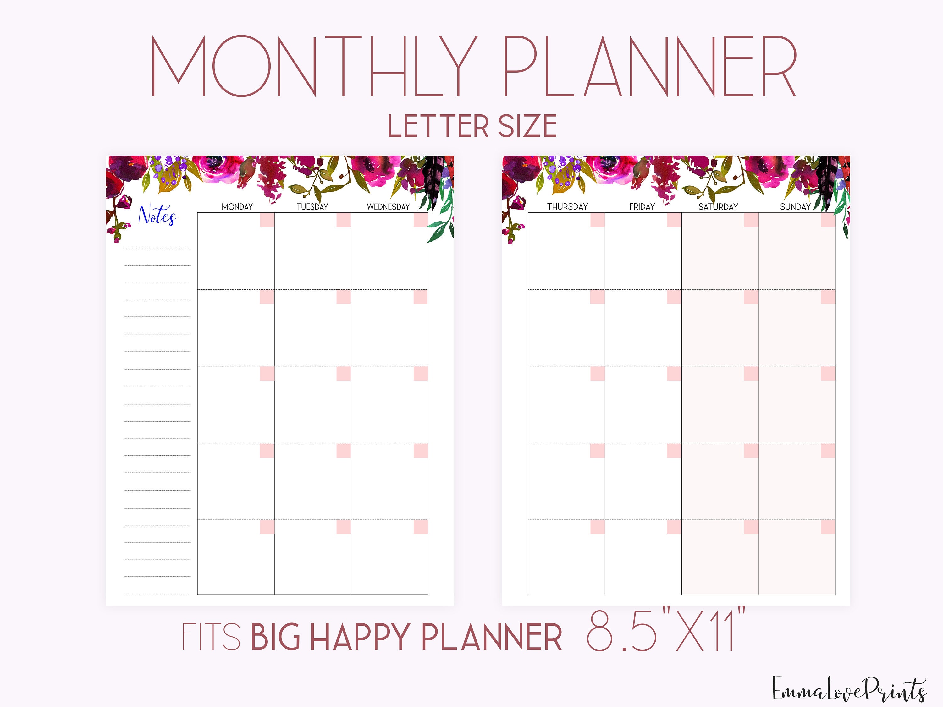 Monthly Planner Pages Mo2p Big Happy Planner Inserts Etsy