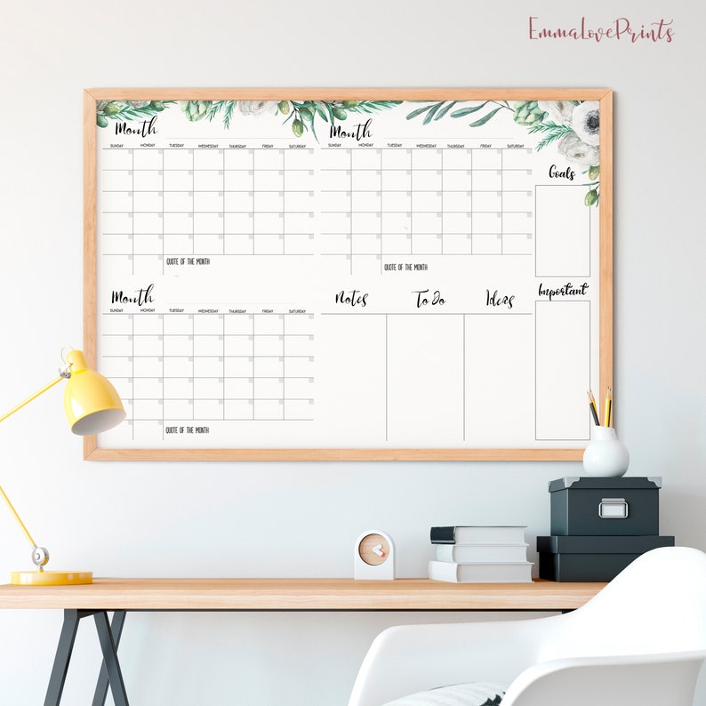 Large Wall Calendar 36 x 24 Undated Calendar Printable Etsy