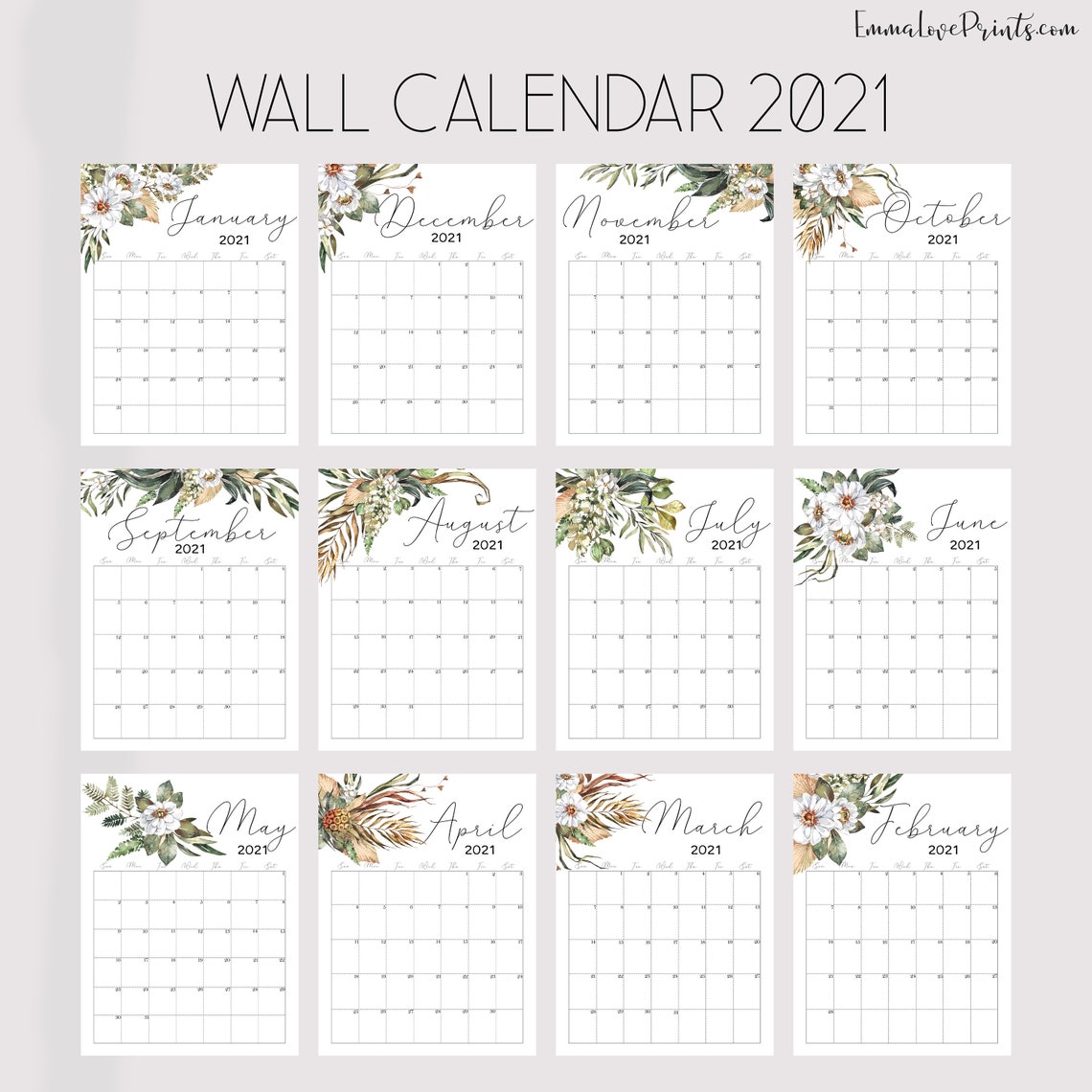Printable Wall Calendar 2021 Watercolor Calendar 2021 Etsy