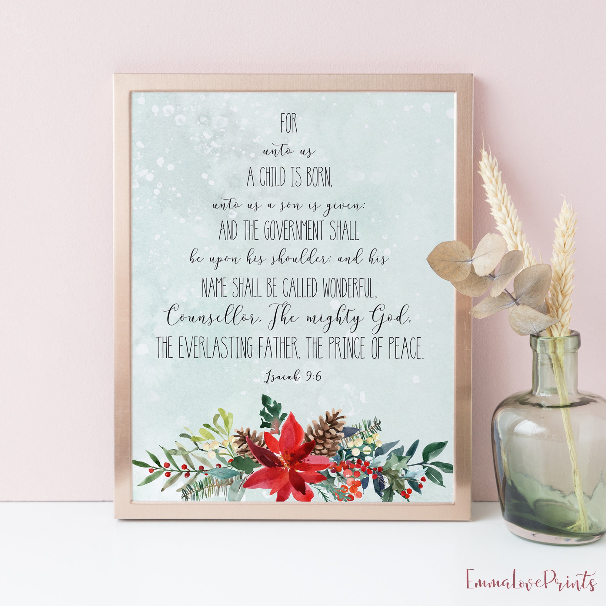 For unto us a child is born, Isaiah 9 6, Bible Verse Print, christmas tree print