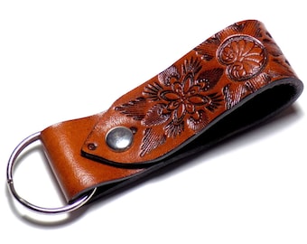 Boho Leather Keychain, Brown Tooled Leather Belt Lanyard Loop Key Fob