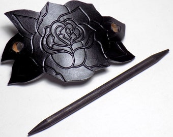 Black Rose Barrette, Leather Hair Slide, Wooden Hair Stick, Floral Hair Pin