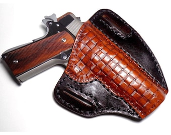 1911 Leather Holster, Brown Woven Basketweave Open Carry OWB Canted Pancake Holster, .45 ACP, Right or Left Handed