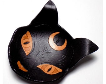 Leather Black Cat Ring Dish, Crescent Moon Jewelry Bowl, Wiccan Decor