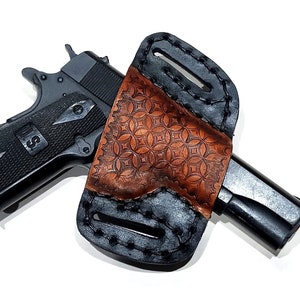1911 Leather Holster, Tooled Open Carry OWB Canted Pancake Holster, .45 ACP, Open Muzzle, Right or Left Handed image 1