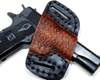 1911 Leather Holster, Tooled Open Carry OWB Canted Pancake Holster, .45 ACP, Open Muzzle, Right or Left Handed