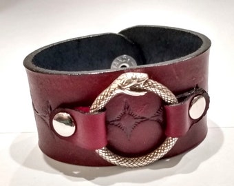 Red Ouroboros Cuff, Leather Snake Bracelet, BDSM O-Ring Cuff, 1.5" Wide, S/M Unisex