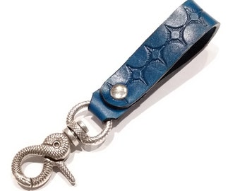 Blue Leather Ouroboros Snake Keychain, Belt Clip Lanyard Key Fob