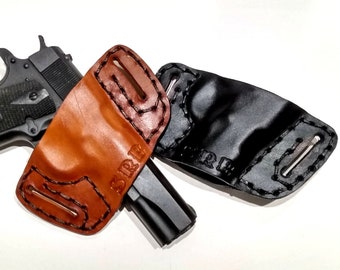 Customized 1911 Leather Holster, Brown or Black Open Carry OWB Canted Pancake Holster, Right or Left Handed, Initials