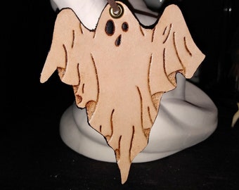Leather Ghost Ornament, Halloween Decoration, Hand Tooled
