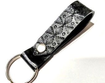 Black Southwestern Keychain, Tooled Leather Belt Lanyard Loop Key Fob