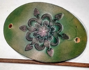 Green Leather Hair Slide, Boho Oval Barrette, Tooled Southwestern Style, Wooden Hair Stick