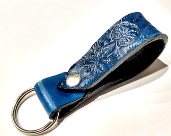 Boho Leather Keychain, Blue Tooled Leather Belt Lanyard Loop Key Fob