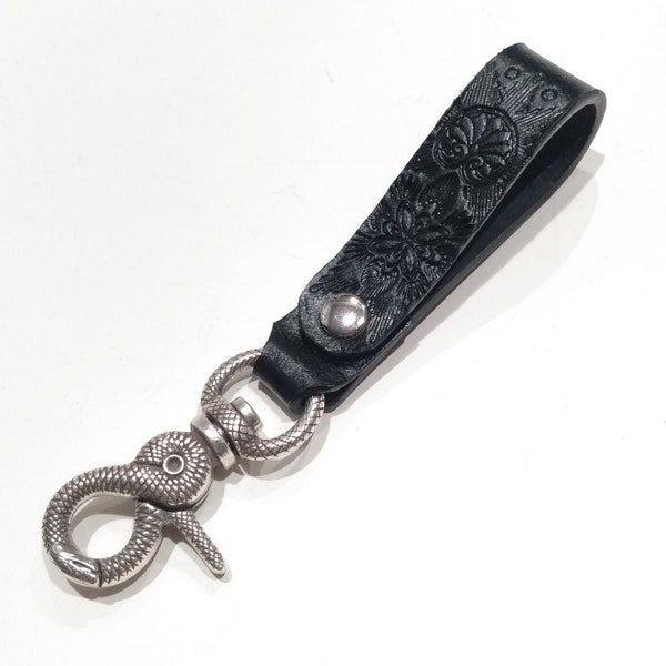 Leather Ouroboros Snake Boho Keychain, Black Belt Clip Lanyard Key Fob