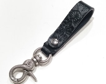 Leather Ouroboros Snake Boho Keychain, Black Belt Clip Lanyard Key Fob