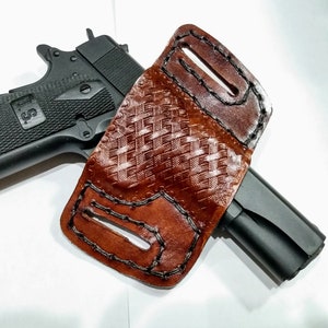 1911 Leather Holster, Brown Basketweave Open Carry OWB Canted Pancake Holster, .45 ACP, Open Muzzle, Right or Left Handed image 1