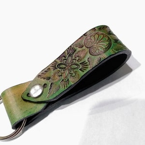 Green Boho Leather Keychain, Tooled Leather Belt Lanyard Loop Key Fob