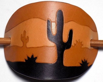 Desert Cactus Barrette, Tooled Leather Southwestern Sunset Hair Slide, Wooden Hair Stick