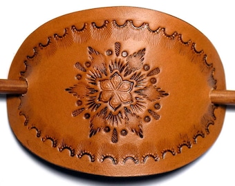 Boho Leather Hair Slide, Floral Oval Barrette, Tooled Southwestern Style, Wooden Hair Stick