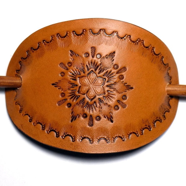 Boho Leather Hair Slide, Floral Oval Barrette, Tooled Southwestern Style, Wooden Hair Stick