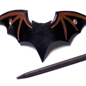 Leather Bat Barrette, Black Bat Hair Slide, Wooden Hair Stick, Halloween pin image 1