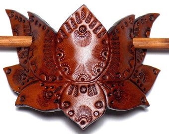 Leather Lotus Flower Barrette, Brown Boho Hair Slide, Wooden Hair Stick