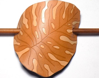 Monstera Leaf Barrette, Leather Tropical Leaf Hair Slide, Wooden Hair Stick