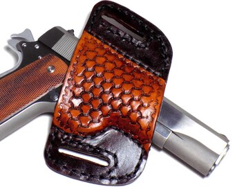 1911 Leather Holster, Brown Woven Open Carry OWB Canted Pancake Holster, .45 ACP, Open Muzzle, Right or Left Handed