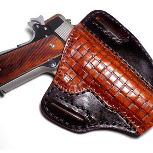 1911 Leather Holster, Brown Woven Basketweave Open Carry OWB Canted Pancake Holster, .45 ACP, Right or Left Handed Right Handed