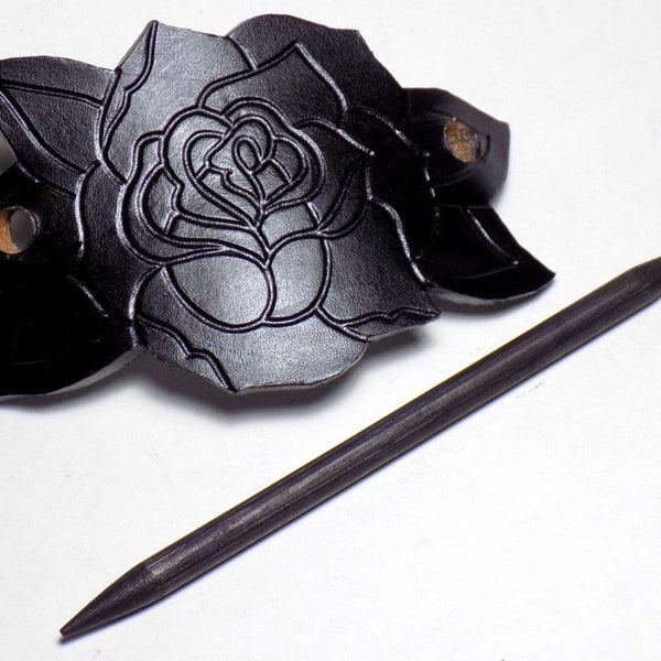 Black Rose Barrette, Leather Hair Slide, Wooden Hair Stick, Floral Hair Pin