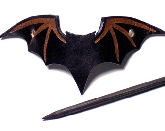 Leather Bat Barrette, Black Bat Hair Slide, Wooden Hair Stick, Halloween pin