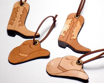 Leather Cowboy Ornaments, Western Cowboy Boots & Hats, Set of 4, Neutral Colors