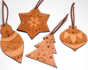 Festive Leather Ornaments Set of 4, Christmas Tree, Snowflake & Finial Styles, Neutral Colors